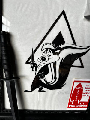 Black and white graphic of the ARES WORK skunk character with an ARES arrow triangle outline on a white background